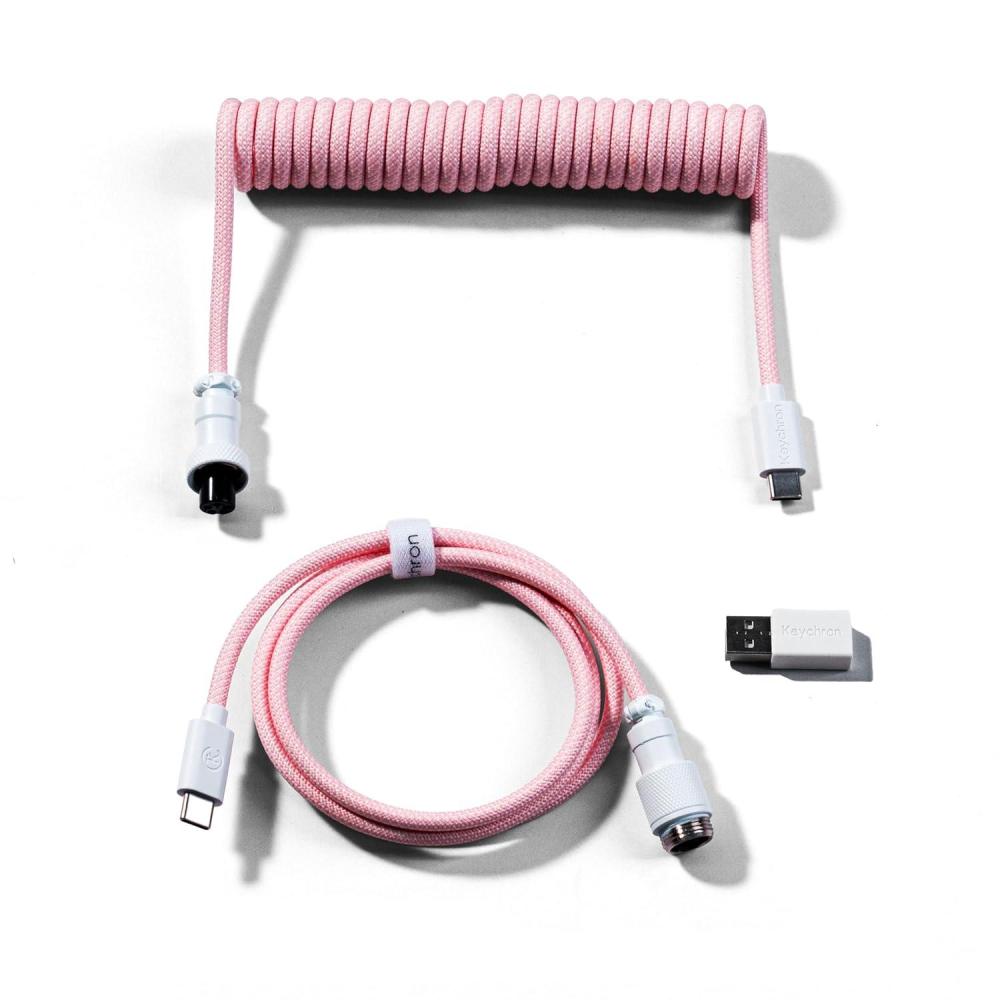 imageKeychron Custom Coiled Aviator Cable Light Purple 5Pin GX12 Detachable Metal Connector USBC to USBC with USBA Adapter Durable Braided Cable for Mechanical Keyboards Charging ampamp Data TransferLight Pink