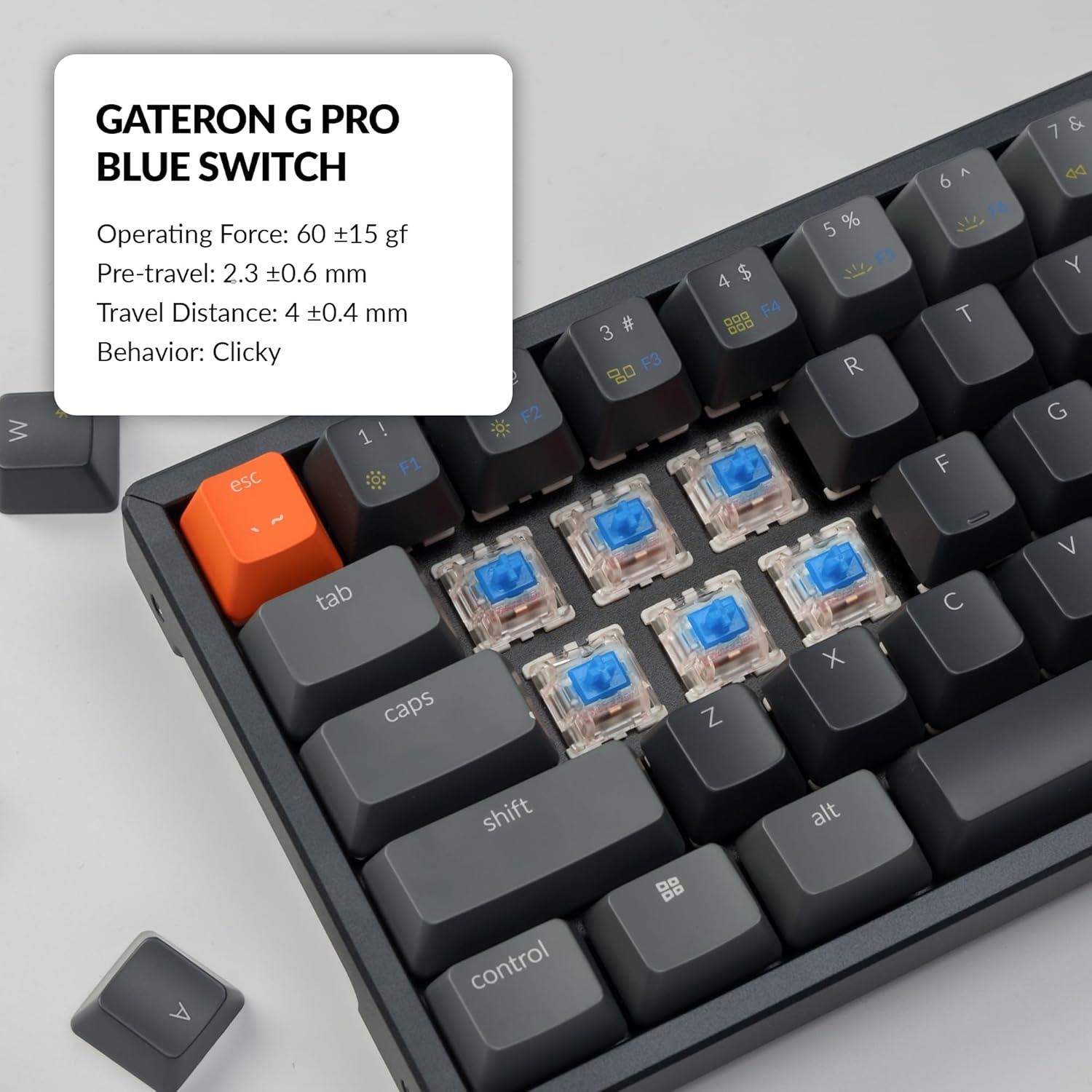 imageKeychron K6 Wireless Mechanical Keyboard 65 Compact Layout BluetoothWired RGB Backlit 68 Keys with Hotswappable Gateron G Pro Blue Switch Compatible with Mac WindowsHotswap Gateron G Pro Blue Switch