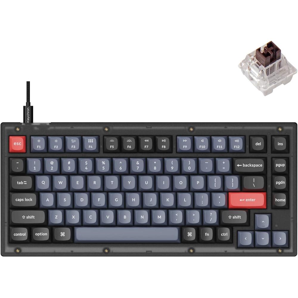 imageKeychron V1 Wired Custom Mechanical Keyboard 75 Layout QMKVIA Programmable Macro with Hotswappable Keychron K Pro Brown Switch Compatible with Mac Windows Linux Frosted Black  TranslucentHotswap Keychron K Pro Brown Switch