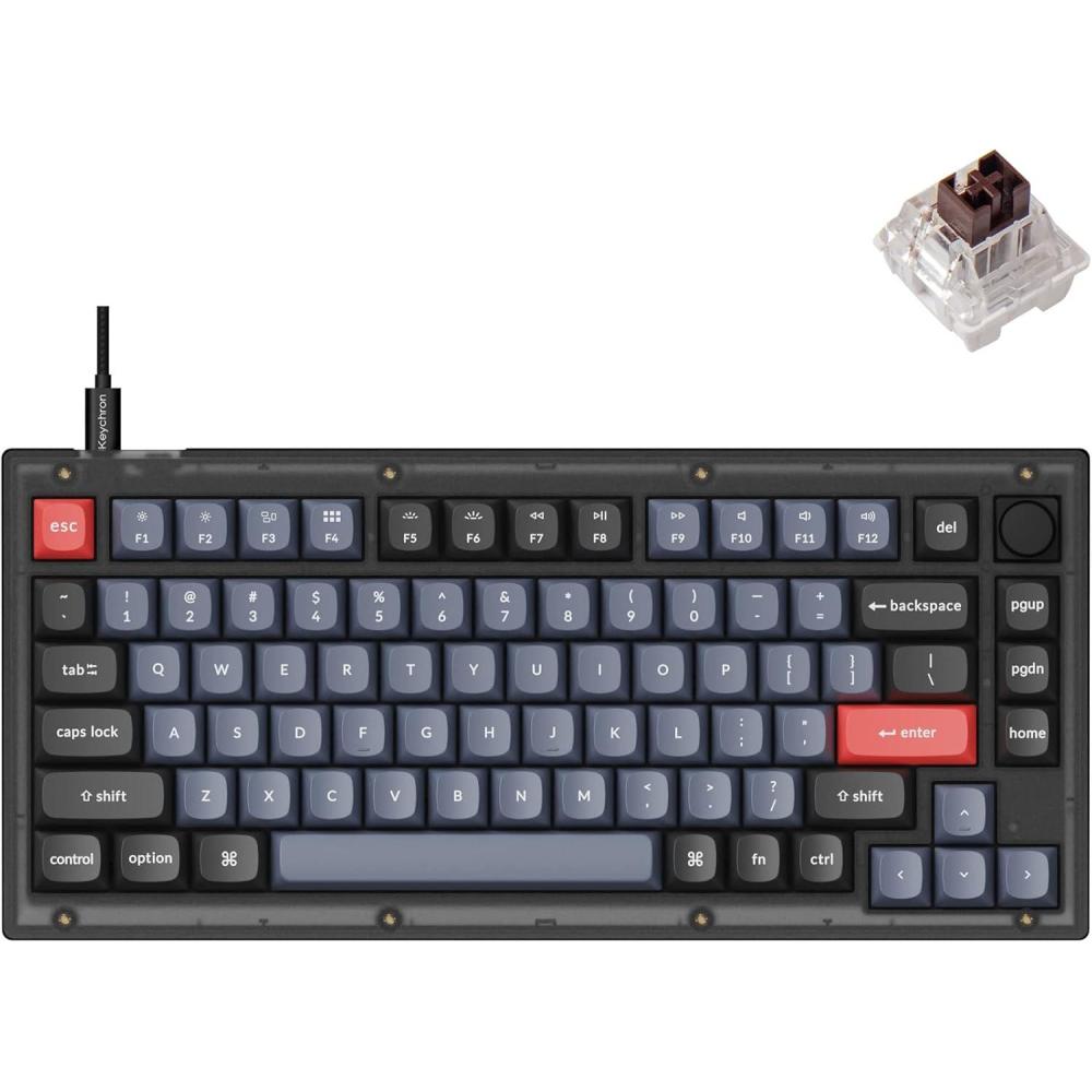 imageKeychron V1 Wired Custom Mechanical Keyboard Knob Version 75 Layout QMKVIA Programmable with Hotswappable Keychron K Pro Red Switch Compatible with Mac Windows Linux Frosted BlackTranslucentHotswap Keychron K Pro Brown Switch