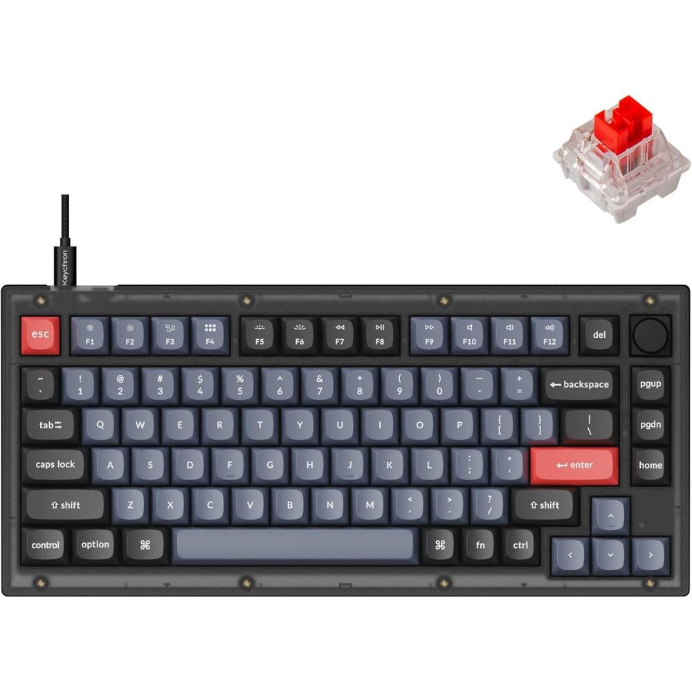 imageKeychron V1 Wired Custom Mechanical Keyboard Knob Version 75 Layout QMKVIA Programmable with Hotswappable Keychron K Pro Red Switch Compatible with Mac Windows Linux Frosted BlackTranslucentHotswap Keychron K Pro Red Switch