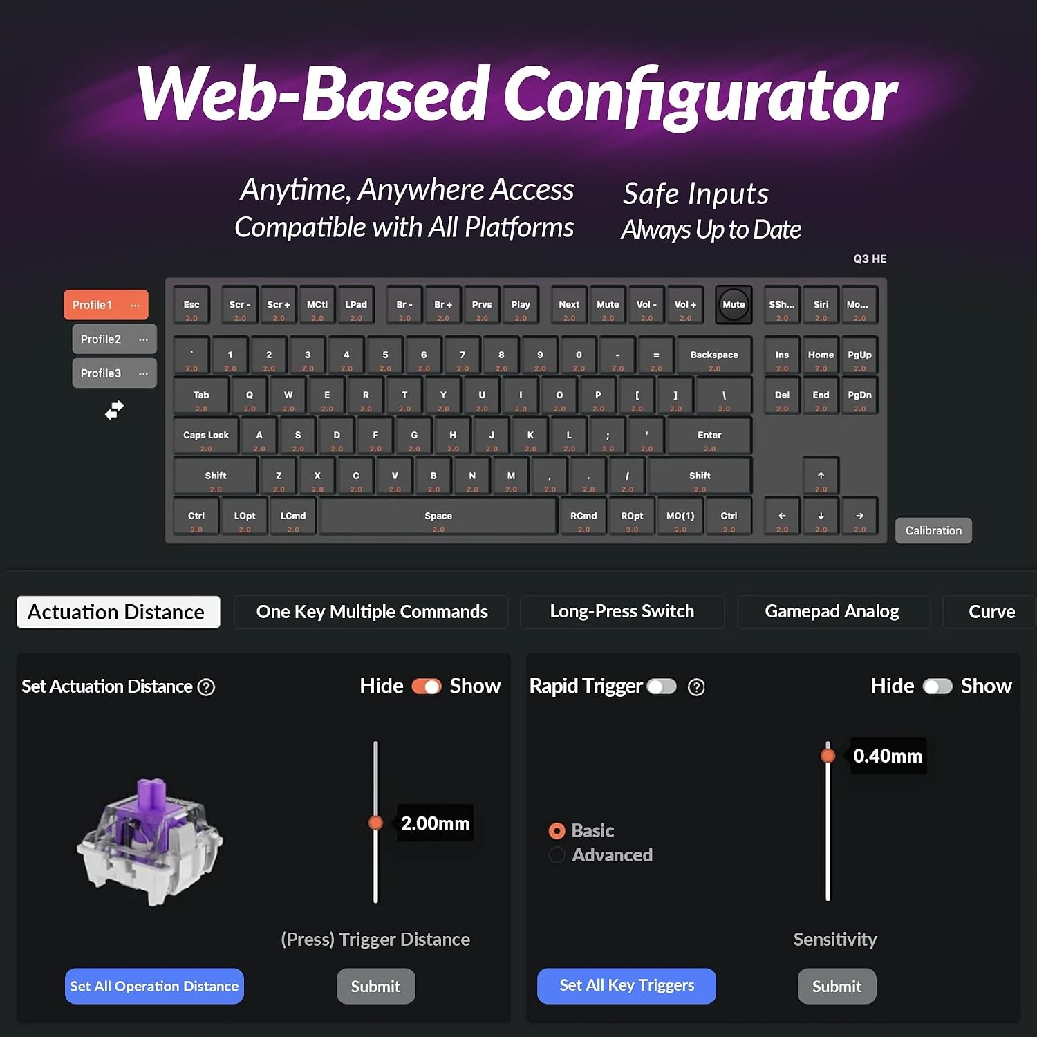 image:imageKeychron Q3 HE Wireless Custom Gaming Keyboard 80 TKL Rapid Trigger 24 GHzBluetoothWired QMK Aluminum RGB Gateron DoubleRail Magnetic Switch PBT Keycaps for Mac Windows Linux PurpleCarbon Black